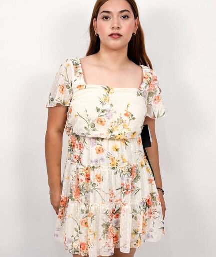 Vestido corto de flores beige