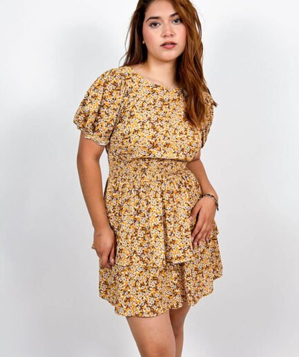 Vestido corto de flores mostaza